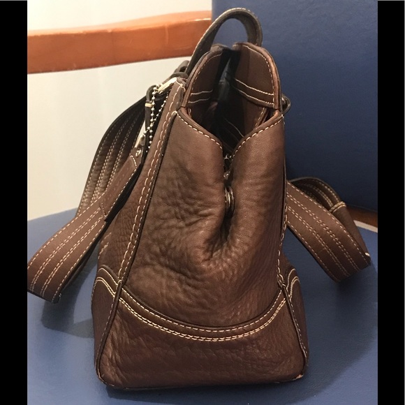 Coach brown with white stitching pebble leather turnlock/zip closure satchel - Picture 15 of 17
